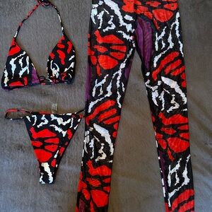 Matte Swim size XL Red and Black Abstract Bikini Set with Cover-Up Pants